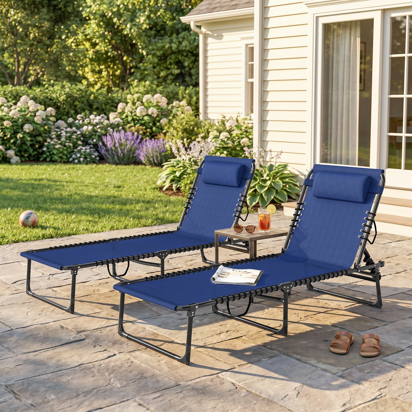 Set of Two Folding Sun Loungers, with Four-Position Backs