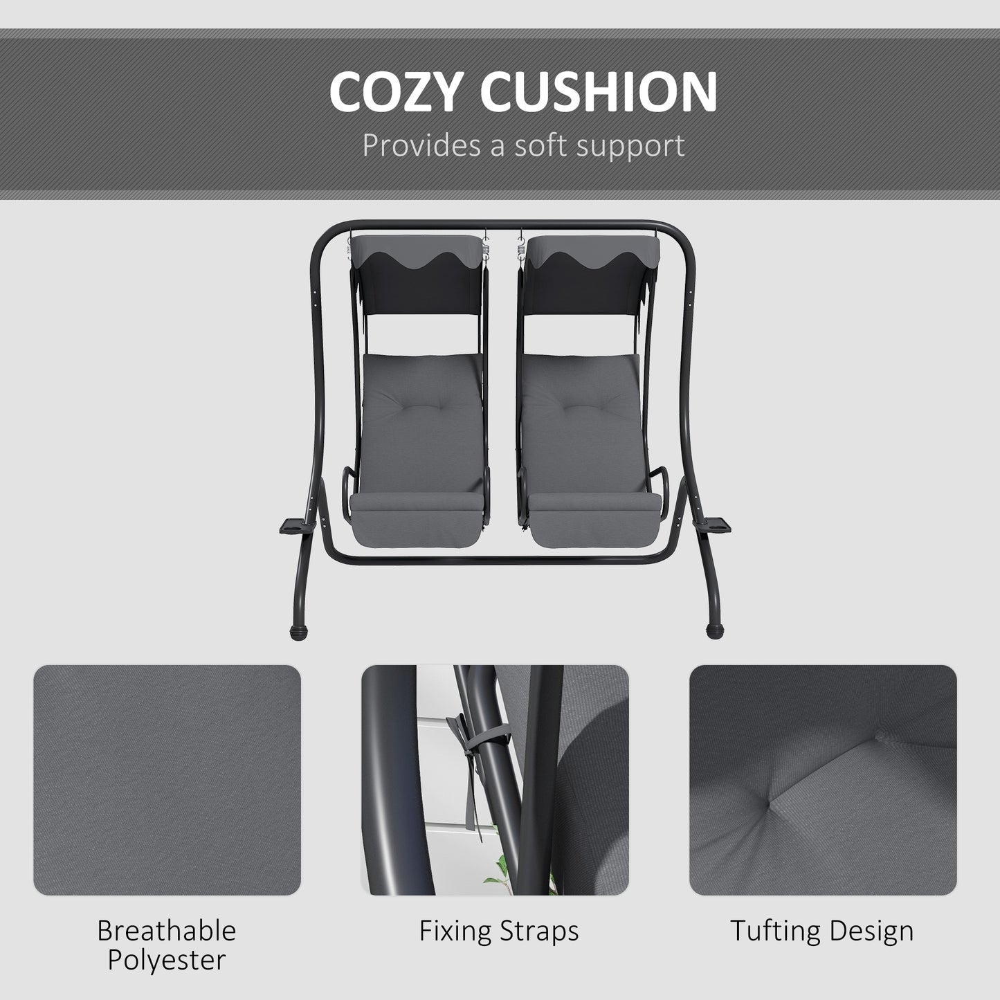 Two-Seat Garden Swing Chair, with Protective Canopy