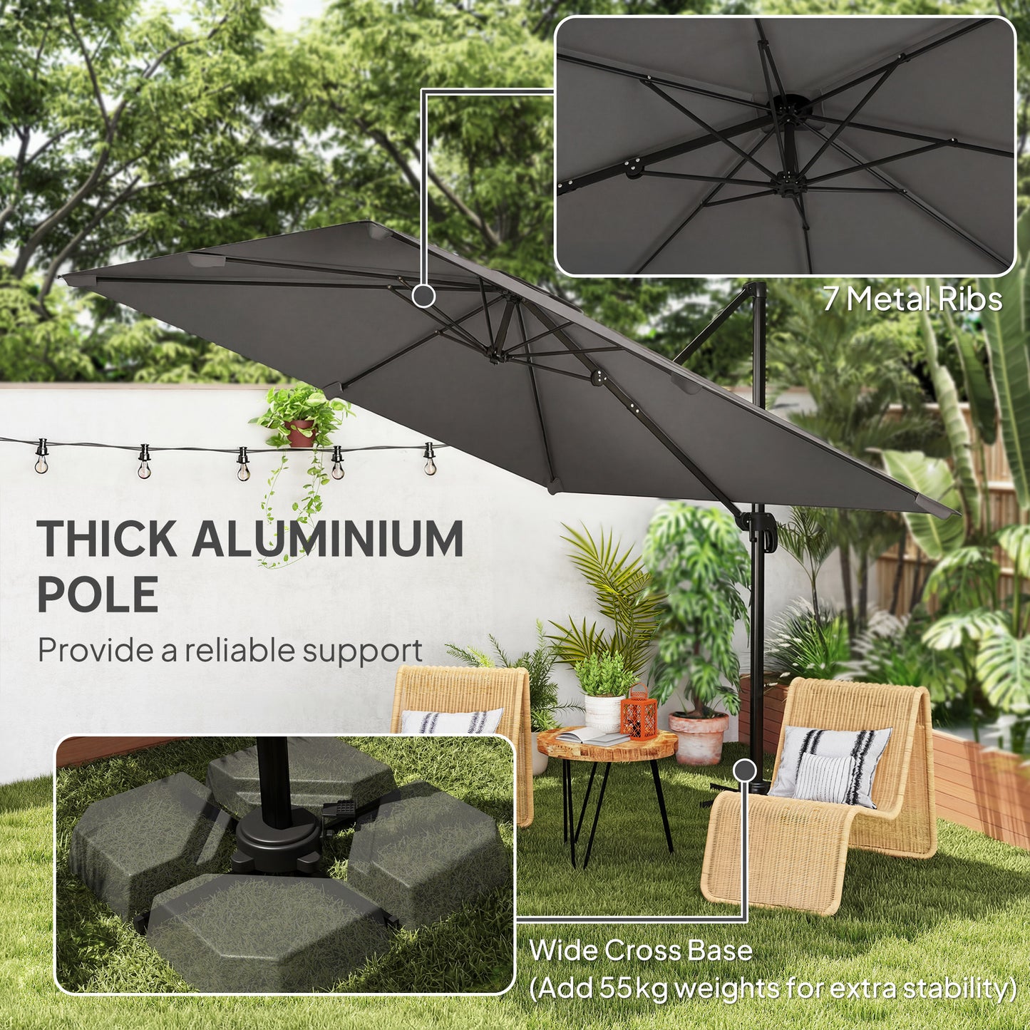 3 x 3 m Cantilever Parasol, Square Patio Umbrella with Crank Handle