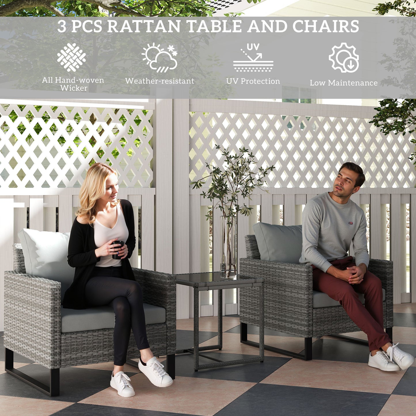 3 Pieces Rattan Bistro Set with 4 Cushions