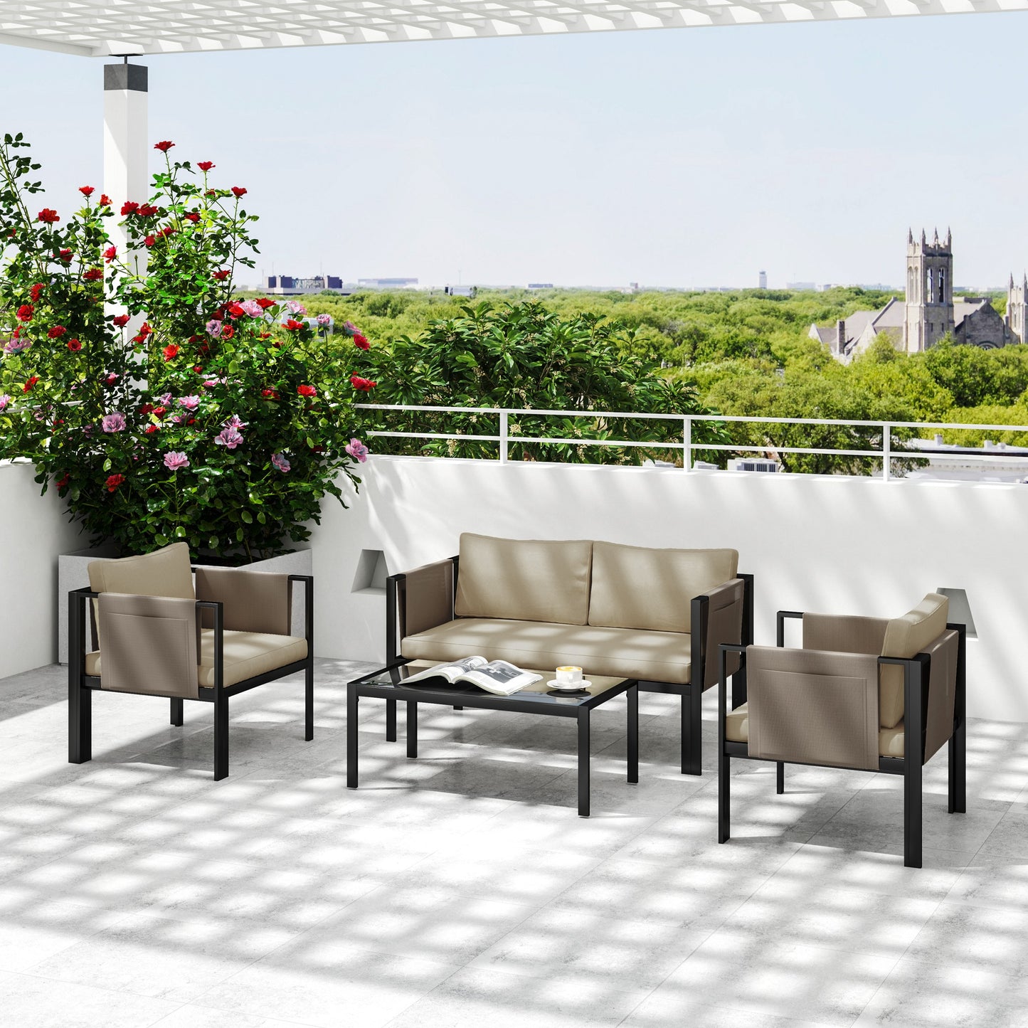 4 Piece Metal Garden Furniture Set with Tempered Glass Coffee Table