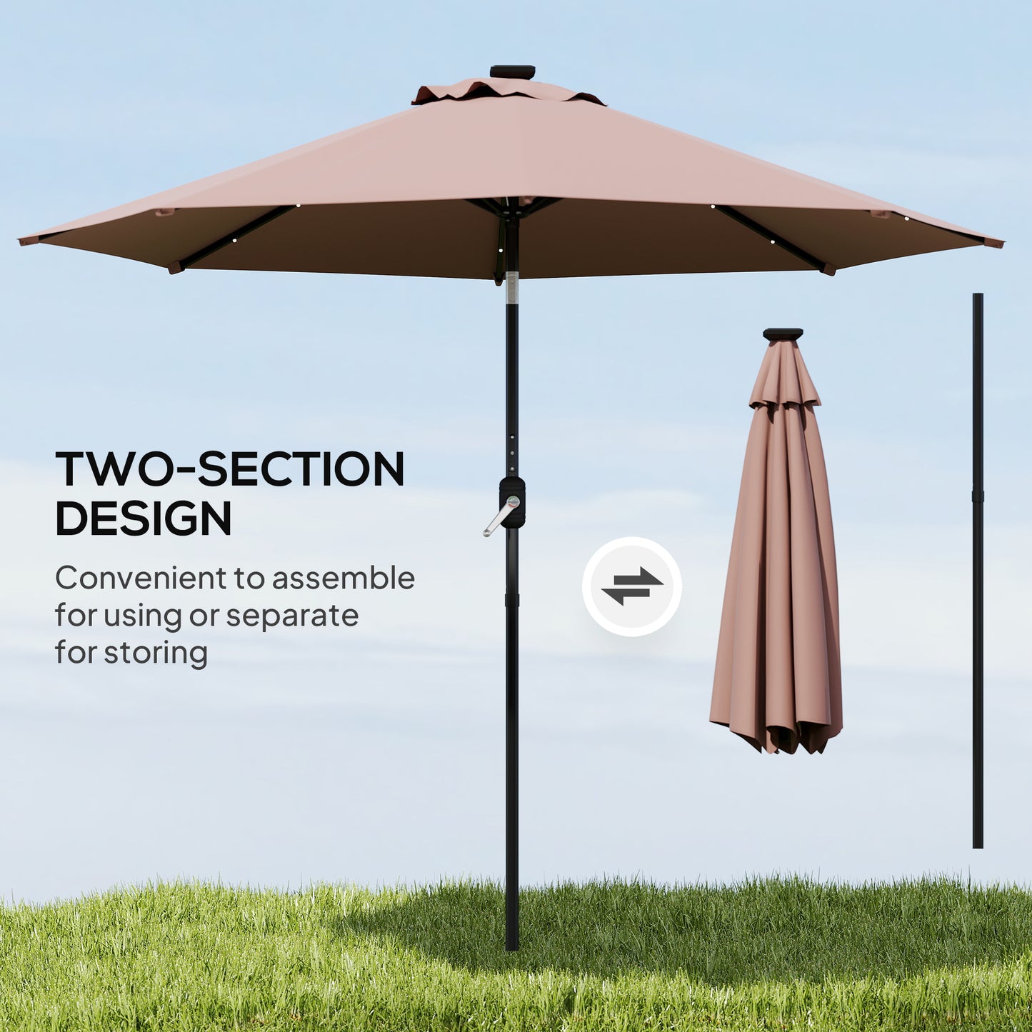Φ2.7m Garden 24 LED Light Parasol Solar Outdoor Tilt Sun Umbrella