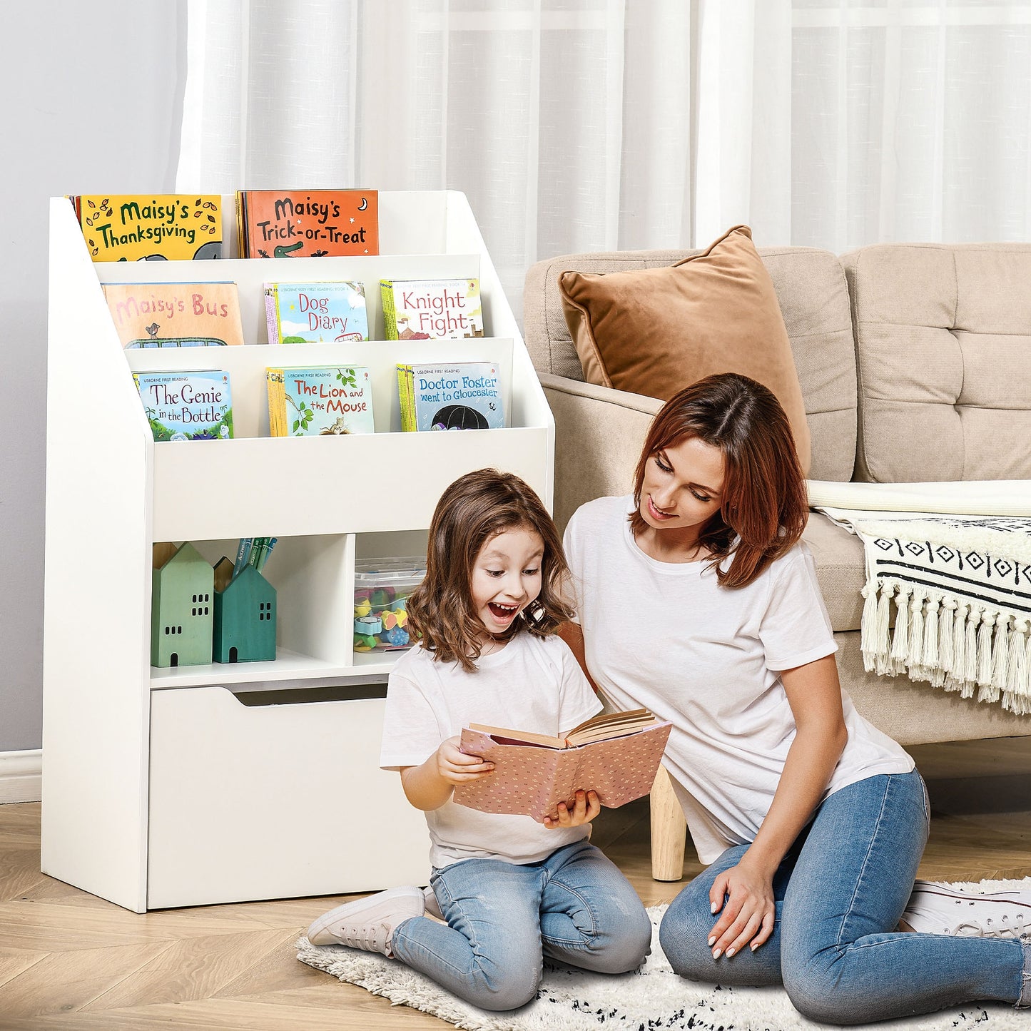 Kids Bookshelf, Toy Organiser, with Storage Drawer, Wheels