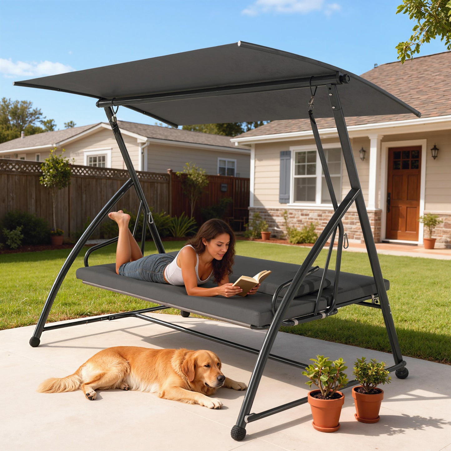 Outdoor 2-in-1 Swing Chair Lounger 3 Seater Garden Swing Seat Bed