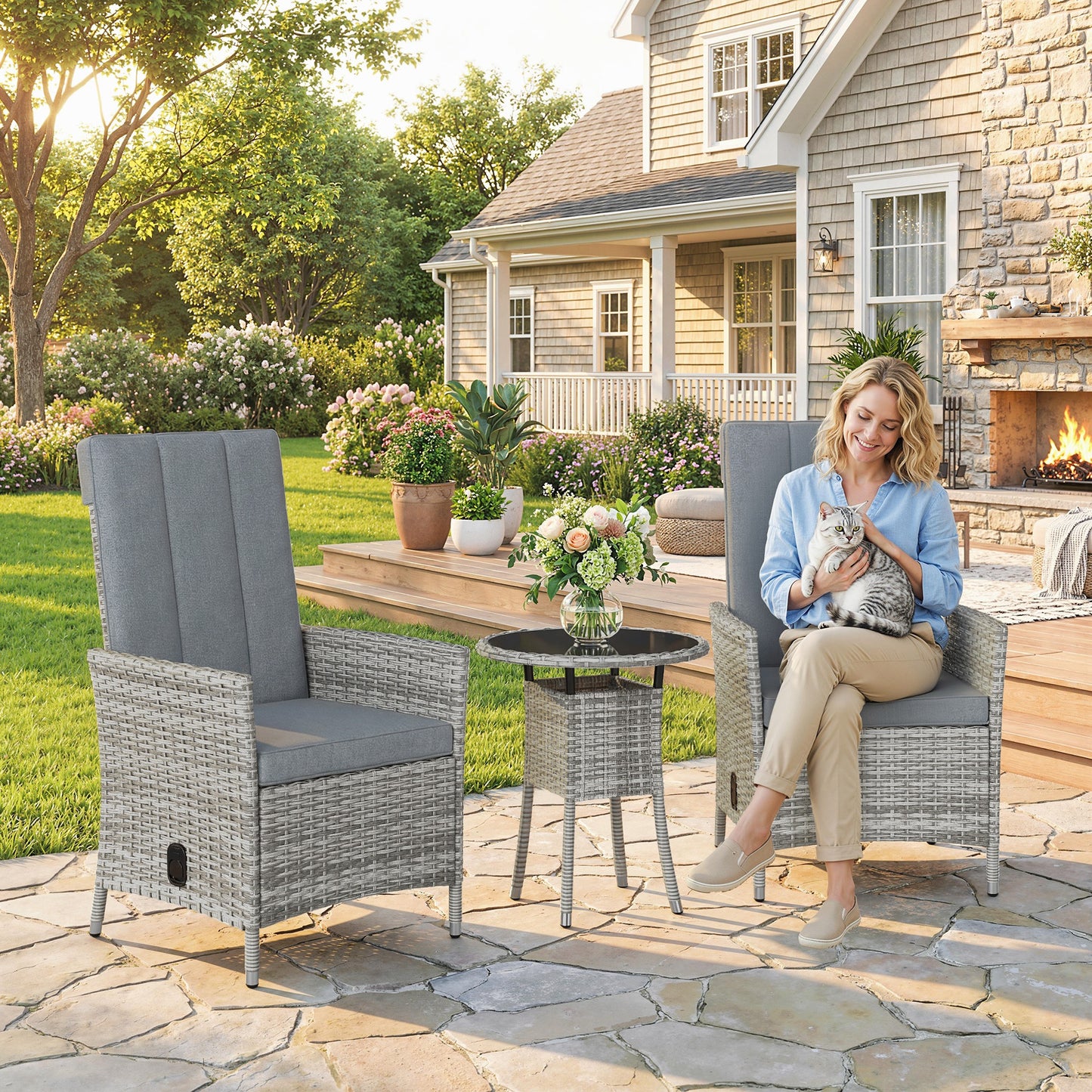 Rattan Bistro Set, Reclining Garden Chairs and Glass Coffee Table
