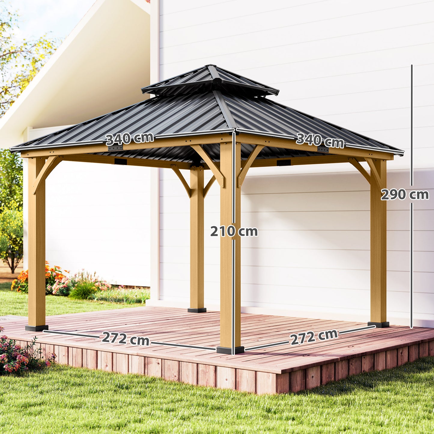 3.5 x 3.5m Outdoor Hardtop Gazebo Canopy with Two-tier Metal Roof