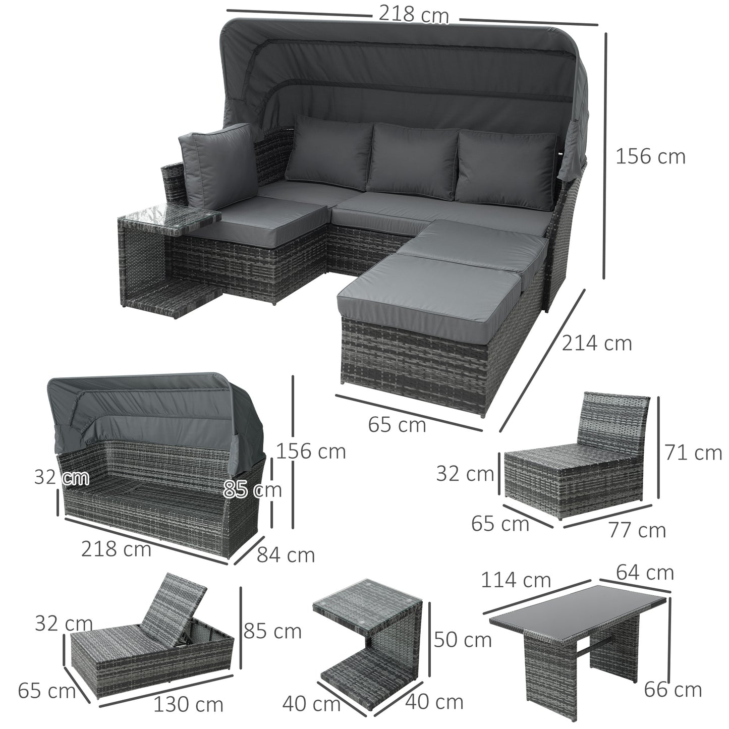 5 PCS Outdoor Rattan Wicker Sofa Sets Reclining Sofa Adjustable