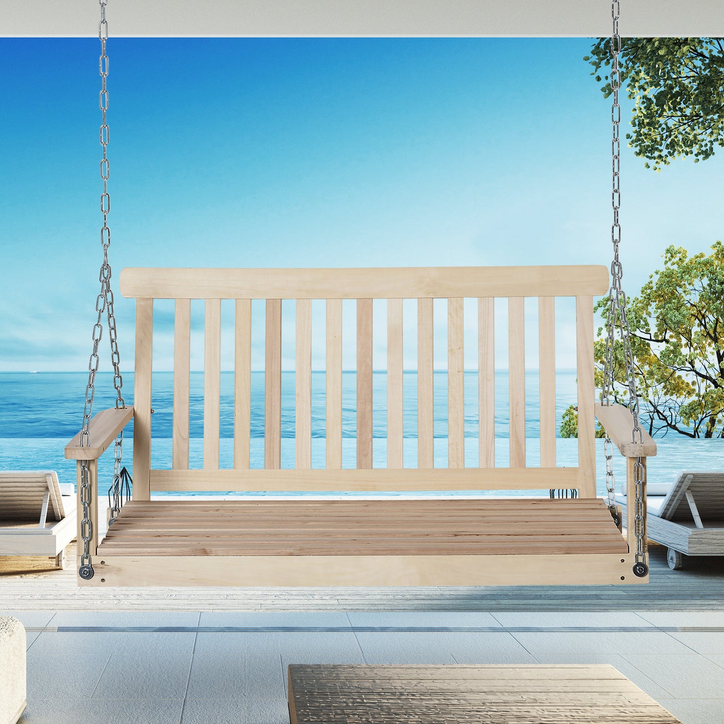 Outdoor Wooden Swing Bench 2-Seater Porch Swing Chair Hanging