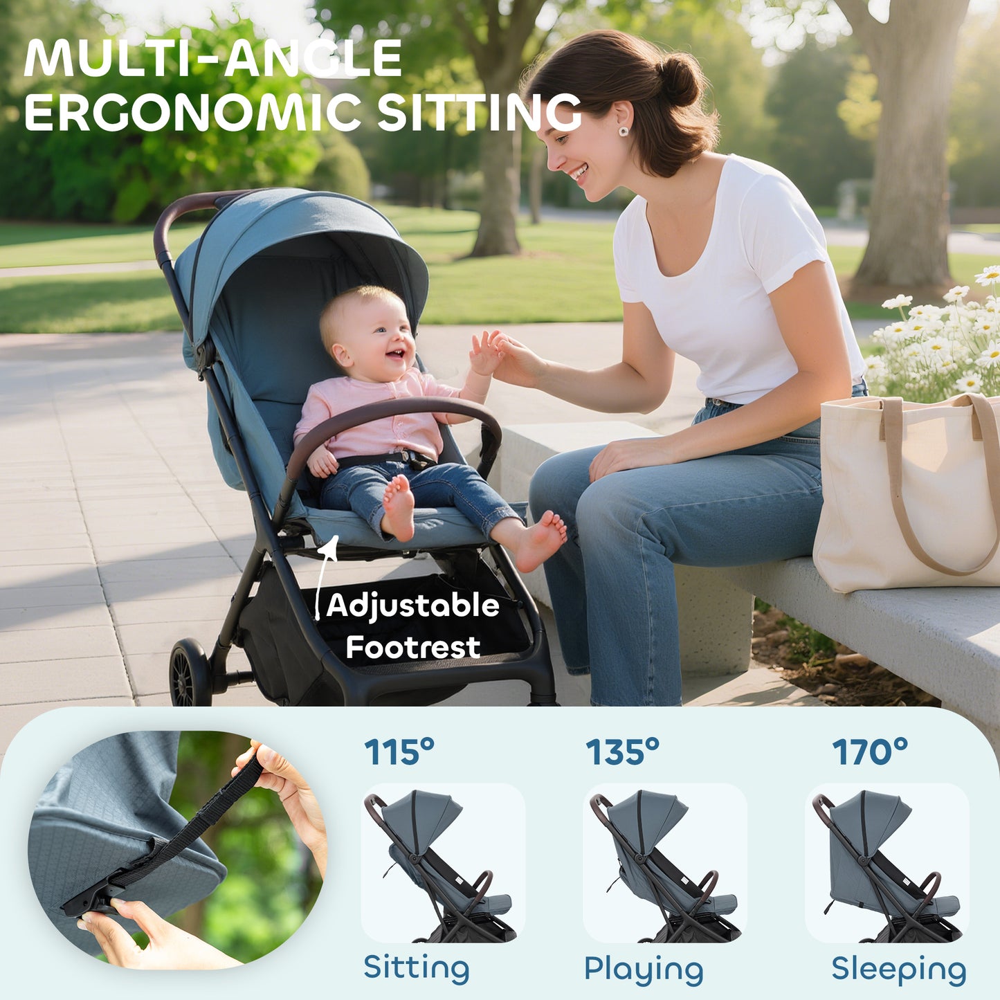 Foldable Baby Stroller with Adjustable Seat, 5-Point Harness, Canopy