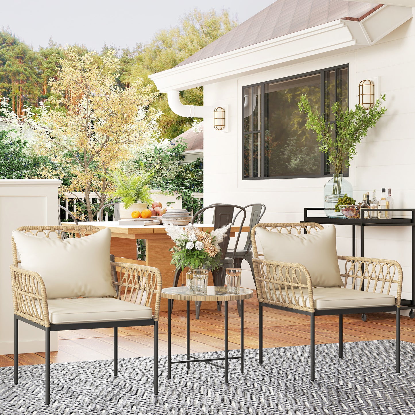 3 Piece Rattan Bistro Set, Wicker Garden Furniture Set with Cushions