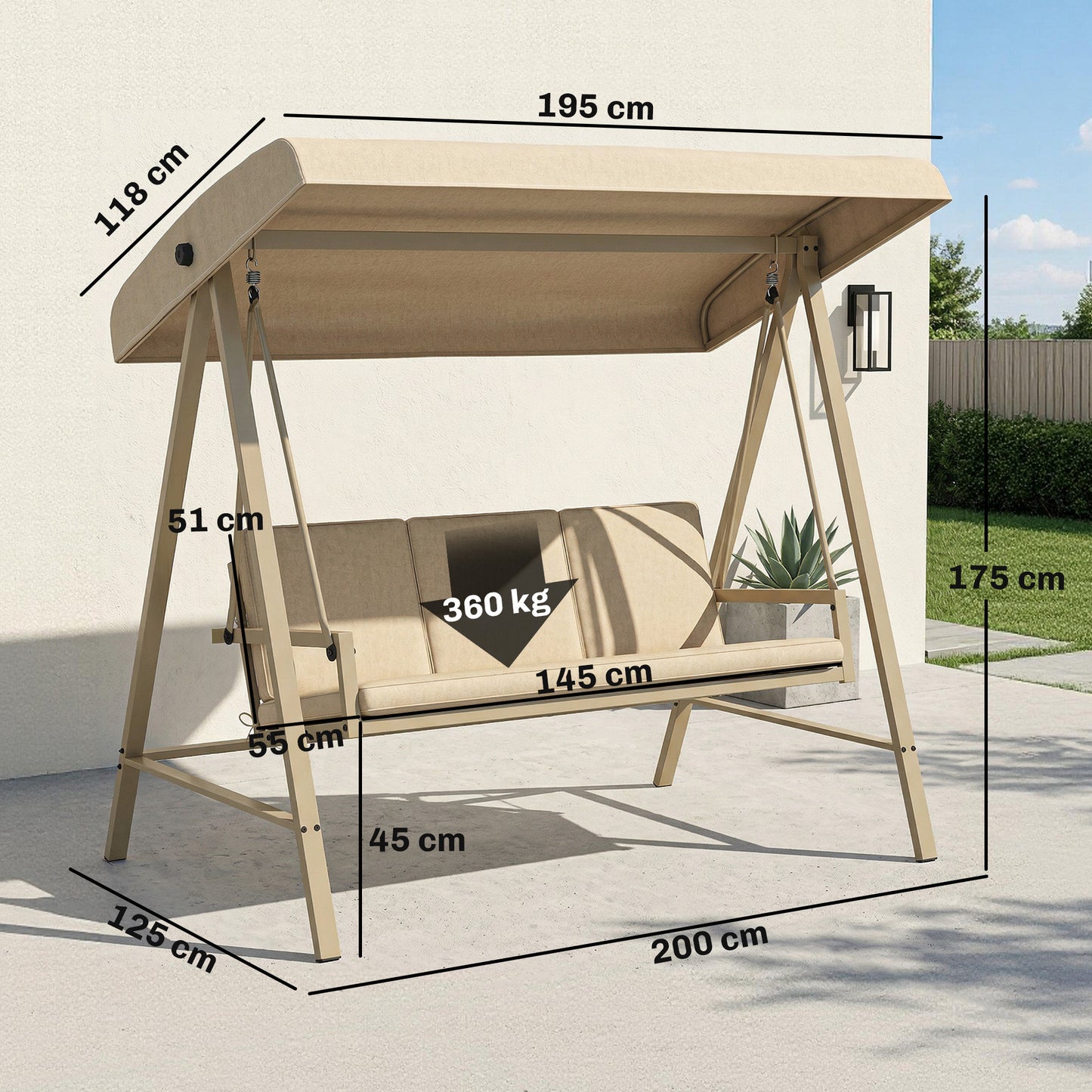 Three-Seat Garden Swing Chair, with Adjustable Canopy
