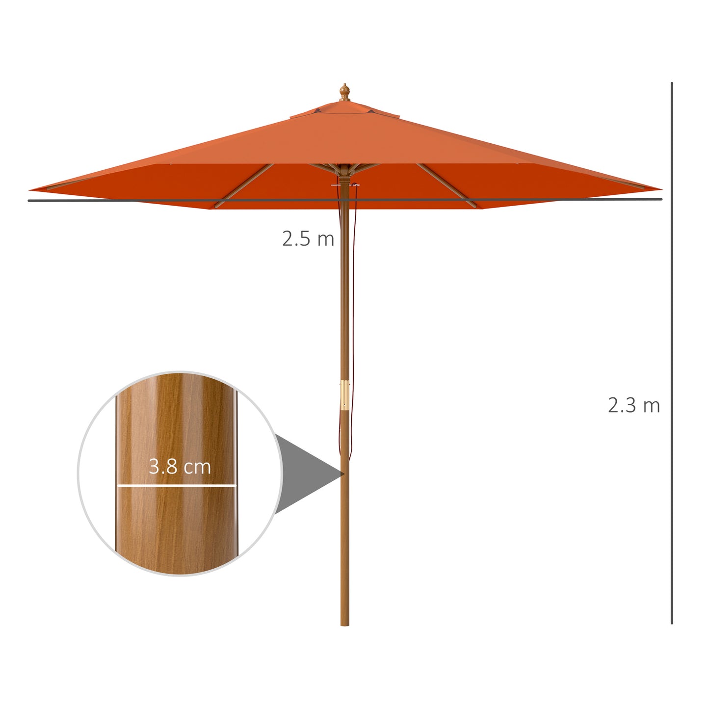 2.5m Wood Garden Parasol Sun Shade Patio Outdoor Wooden Umbrella