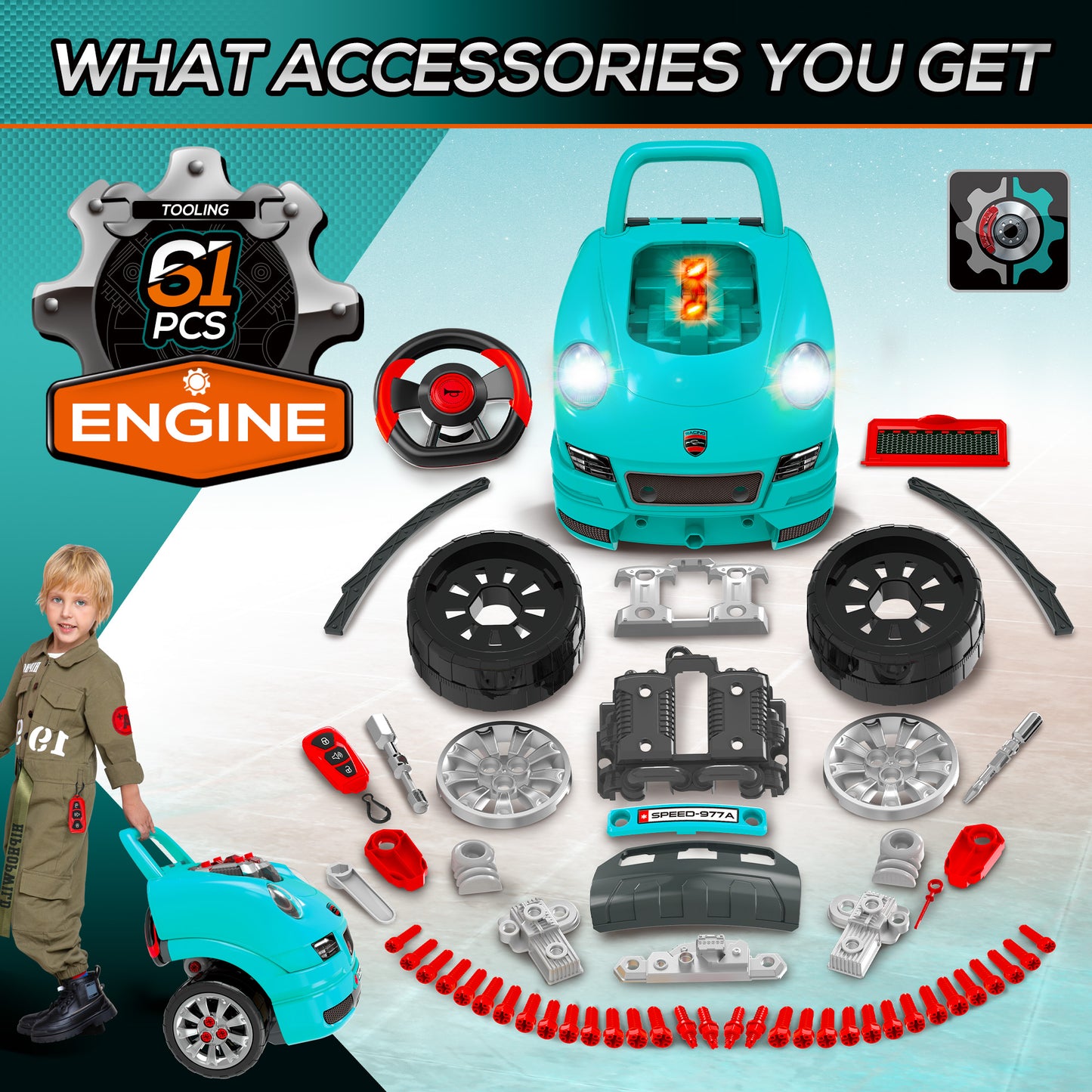 Kids Truck Engine Toy Set, with Horn, Light, Car Key