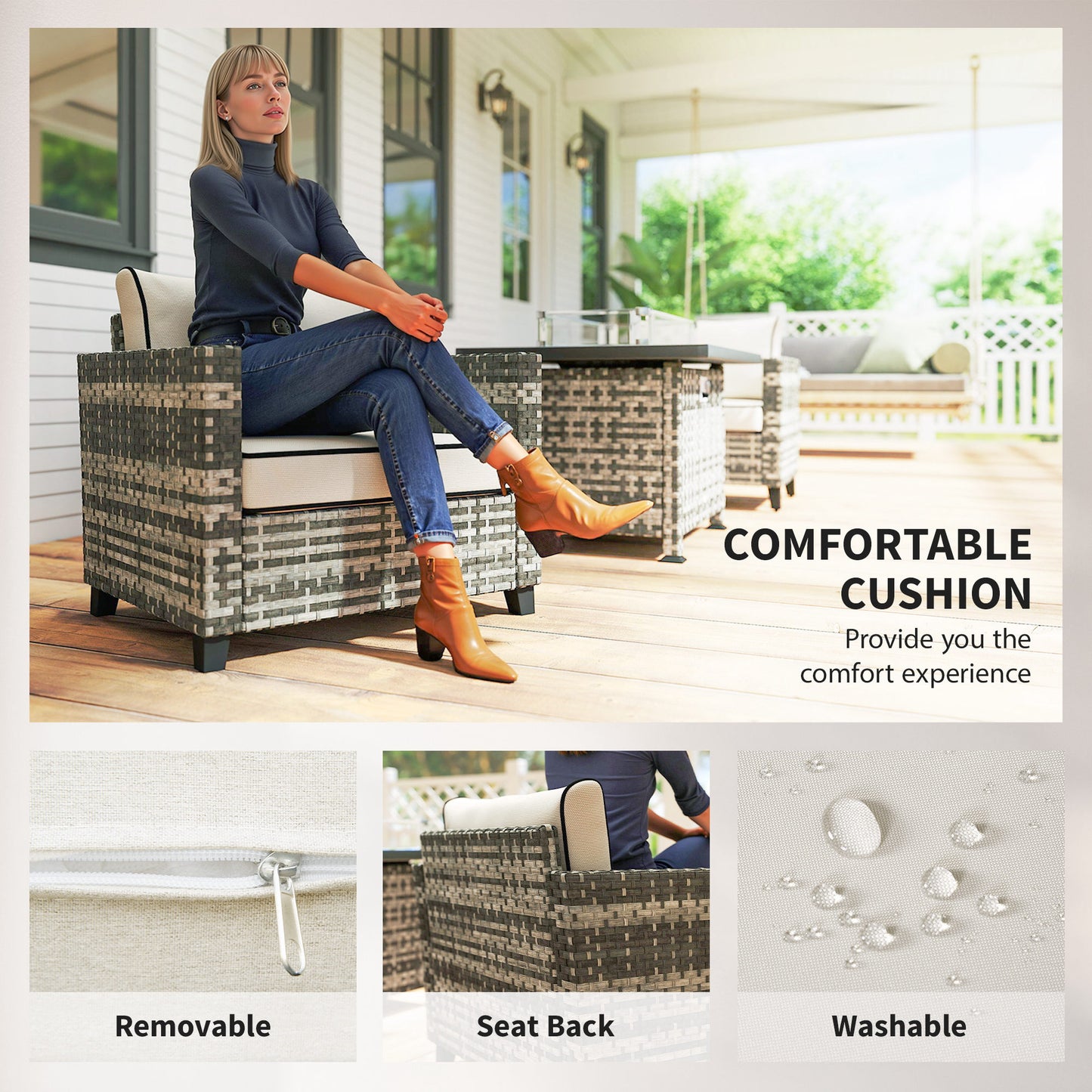 5-Piece Rattan Patio Furniture Set with Gas Fire Pit Table