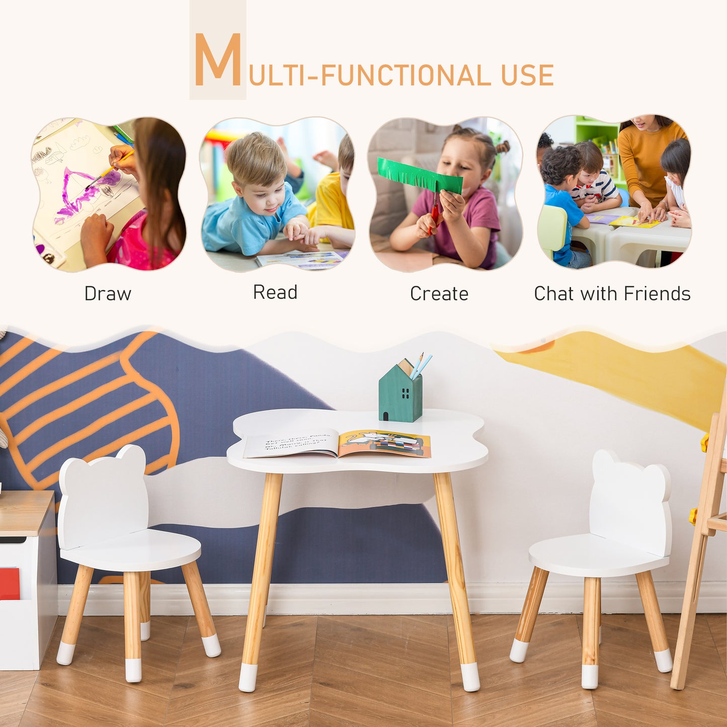 3-Piece Kids Table and Chair Set with 2 Bear-Shaped Chairs
