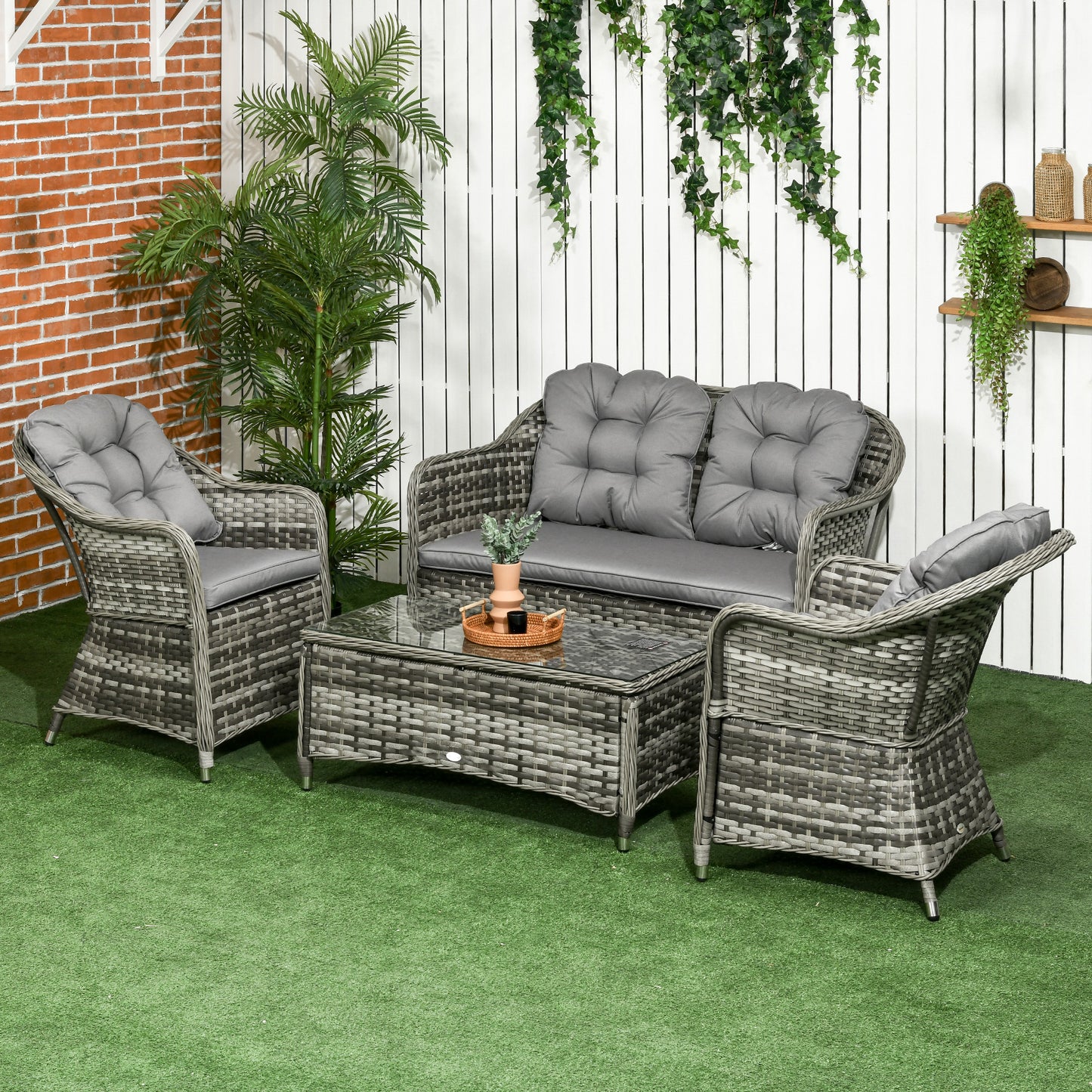 Four-Piece Rattan Sofa Set, with Glass-Top Table