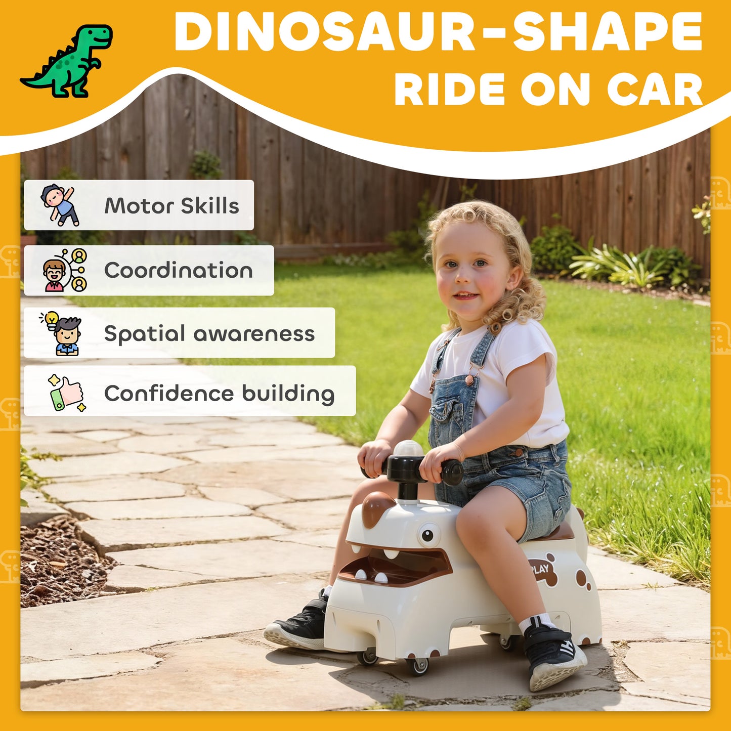 Kids Ride On Car, Dinosaur Foot to Floor Slider with Storage