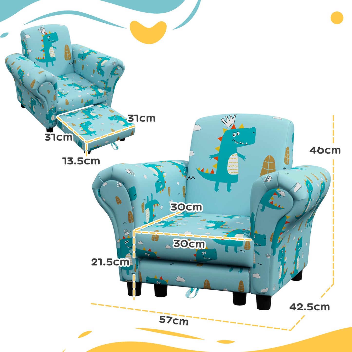 2 Piece Kids Sofa Set with Dinosaur Design, Wooden Frame