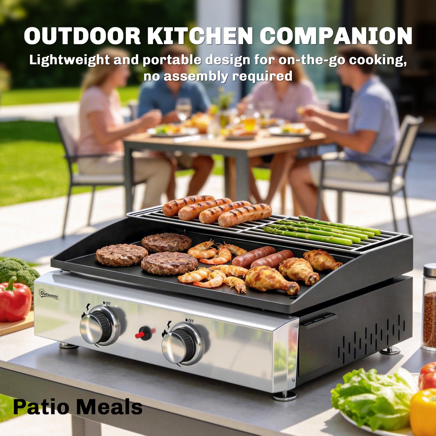2 Burner Grill Griddle, Portable Gas Plancha with Warming Rack, 5 kW