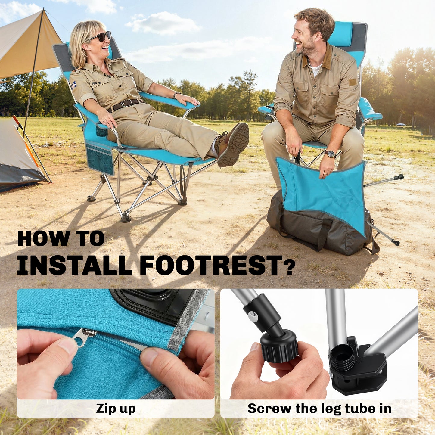 Set of 2 Reclining Folding Camping Chair w/ Detachable Footrest (3)