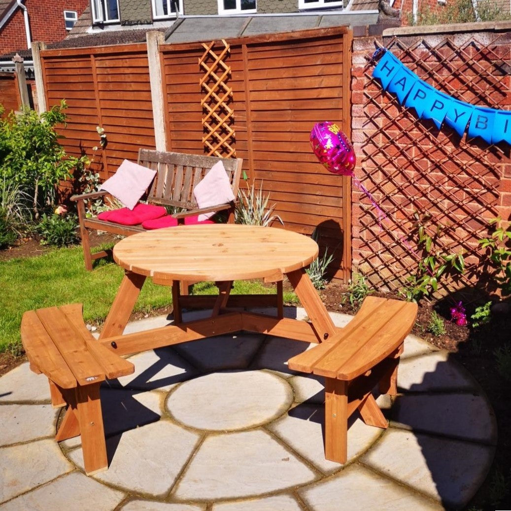 Wooden Garden Dining Set, 6 Seater Round Dining Picnic Table