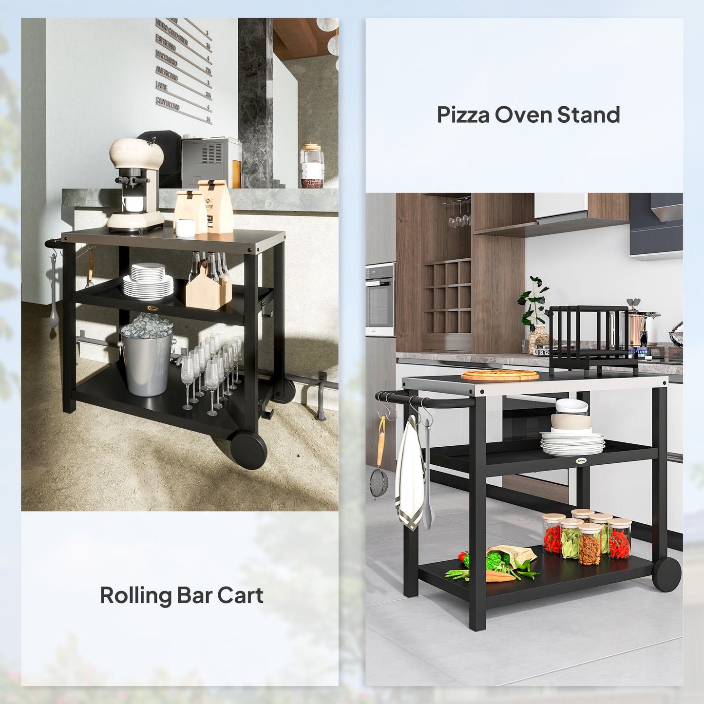 Outdoor Grill Dining Cart 3-Shelf Movable Pizza Oven Table Stand