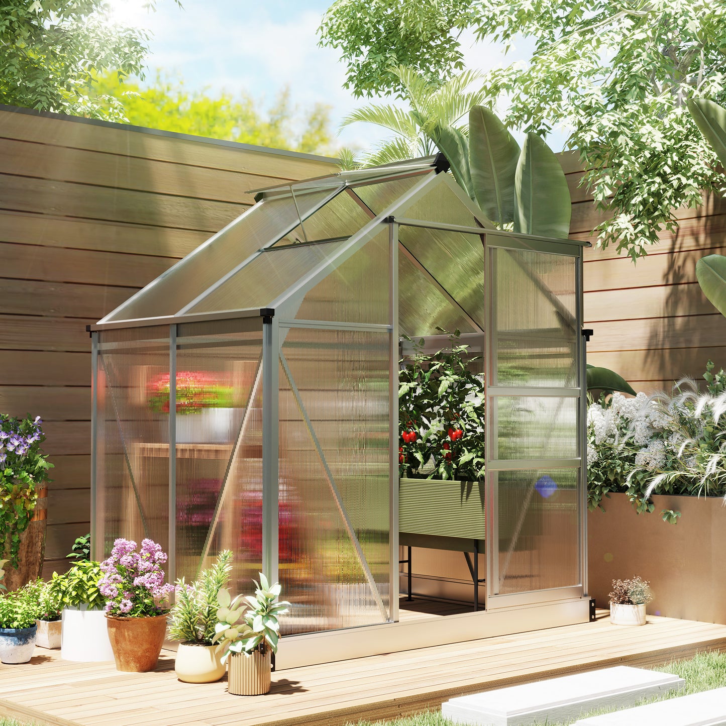 Polycarbonate Greenhouse, Large Walk-In Green House with Slide Door