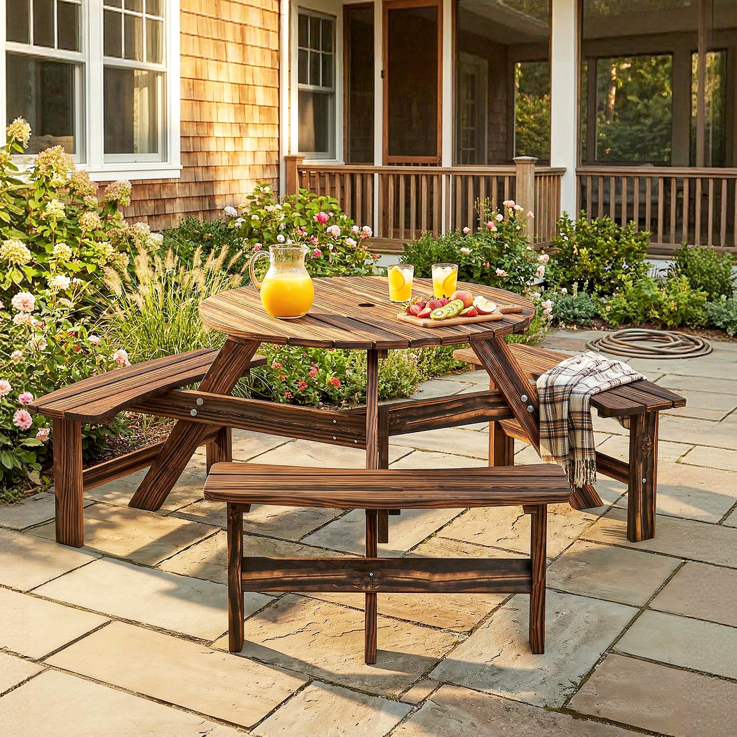 Wooden Garden Dining Set, 6 Seater Round Dining Picnic Table (2)