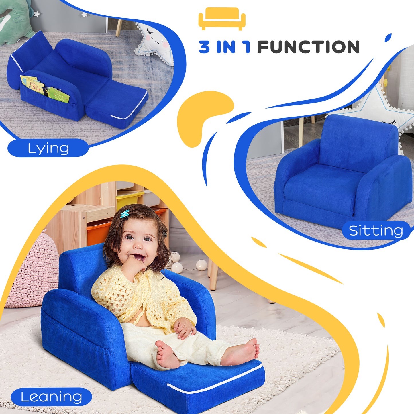 2 In 1 Kids Armchair Sofa Bed Fold Out Padded Wood Frame Bedroom