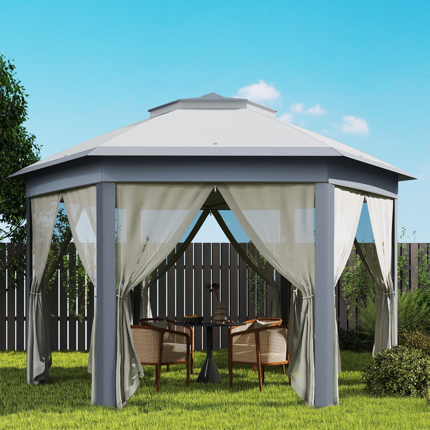 3 x 4m Metal Frame Hexagon Gazebo, with Curtains