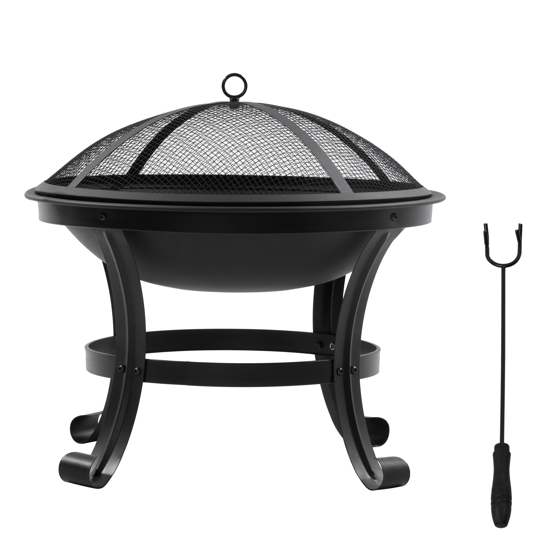Outdoor Fire Pit, Firepit with Mesh Lid, Poker, for Camping, Bonfire