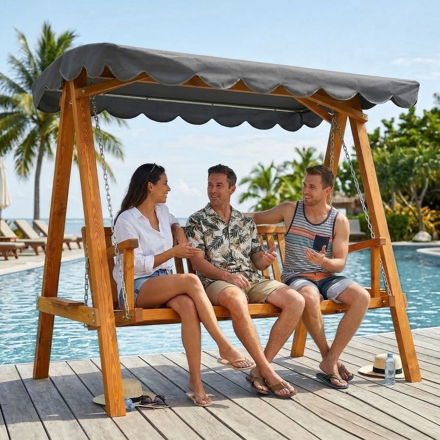 3 Seater Garden Swing Seat with Canopy, Wooden Swing Chair