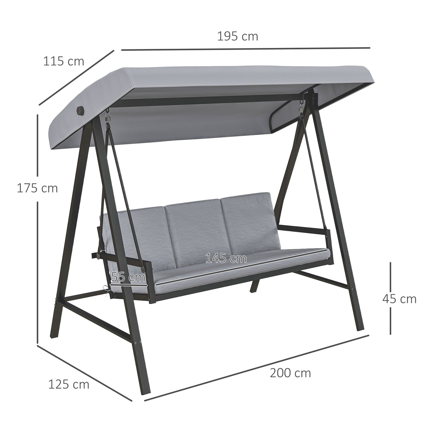 Three-Seat Garden Swing Chair, with Adjustable Canopy