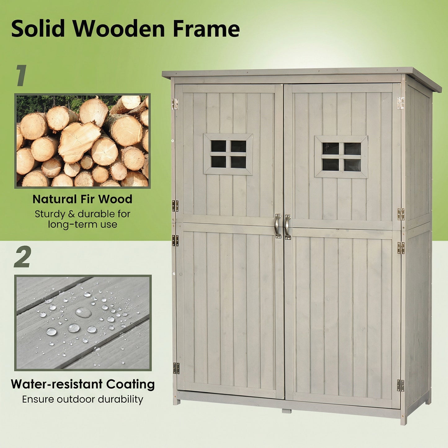 Wooden Garden Shed with Two Windows, Tool Storage Cabinet