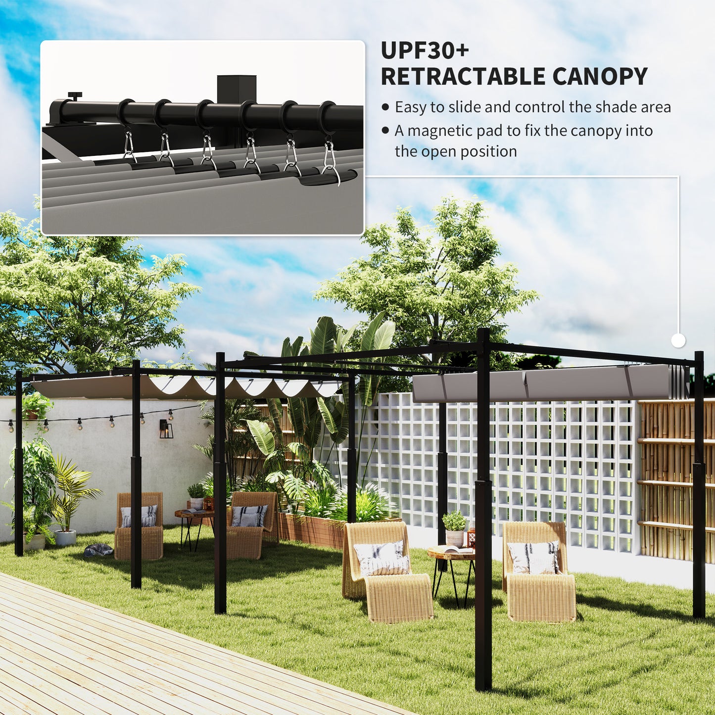 3 x 3(m) Metal Pergola with Retractable Roof and Magnetic Fixture