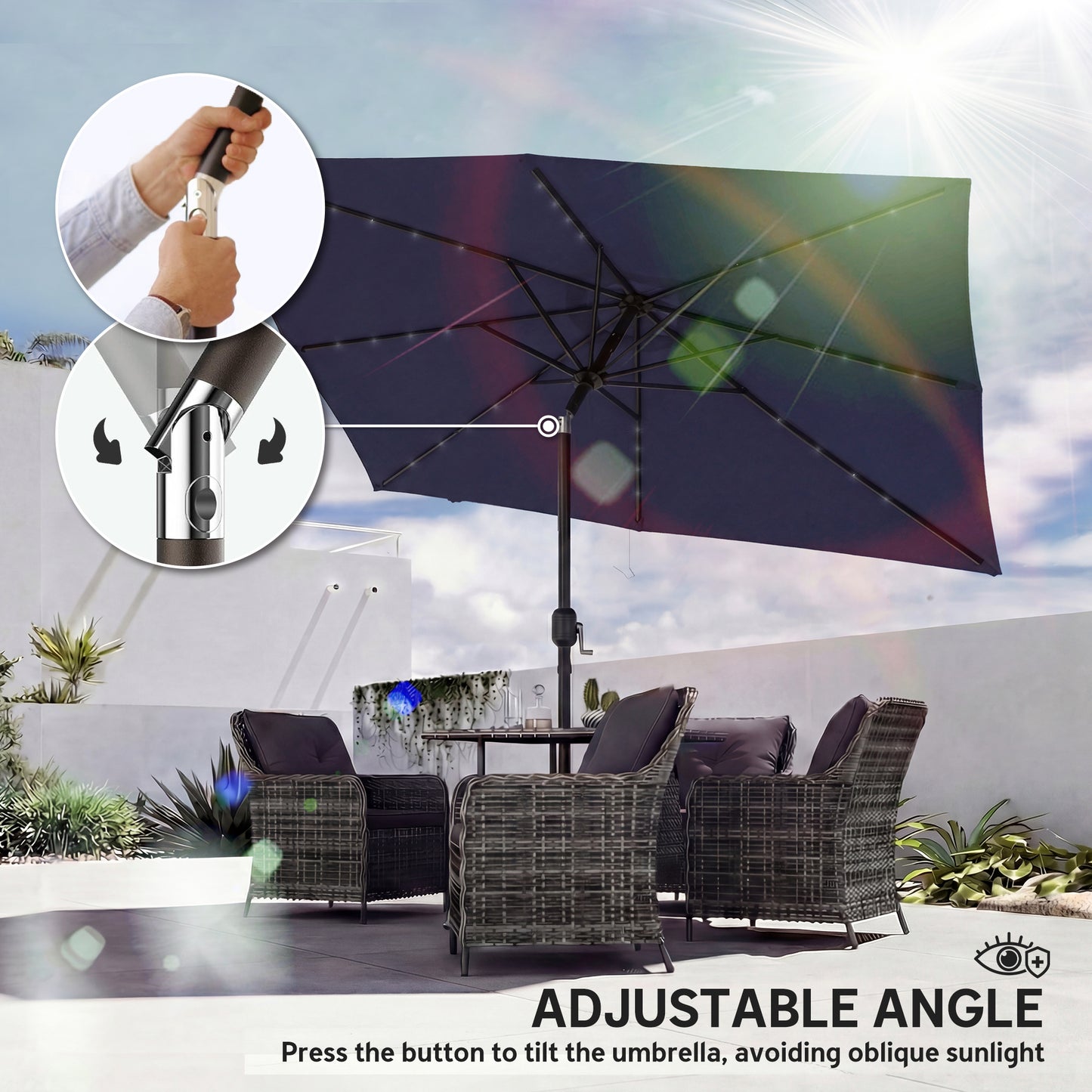 3 x 2 m Garden Parasol Umbrella with LED Solar Light, Parasol Cover