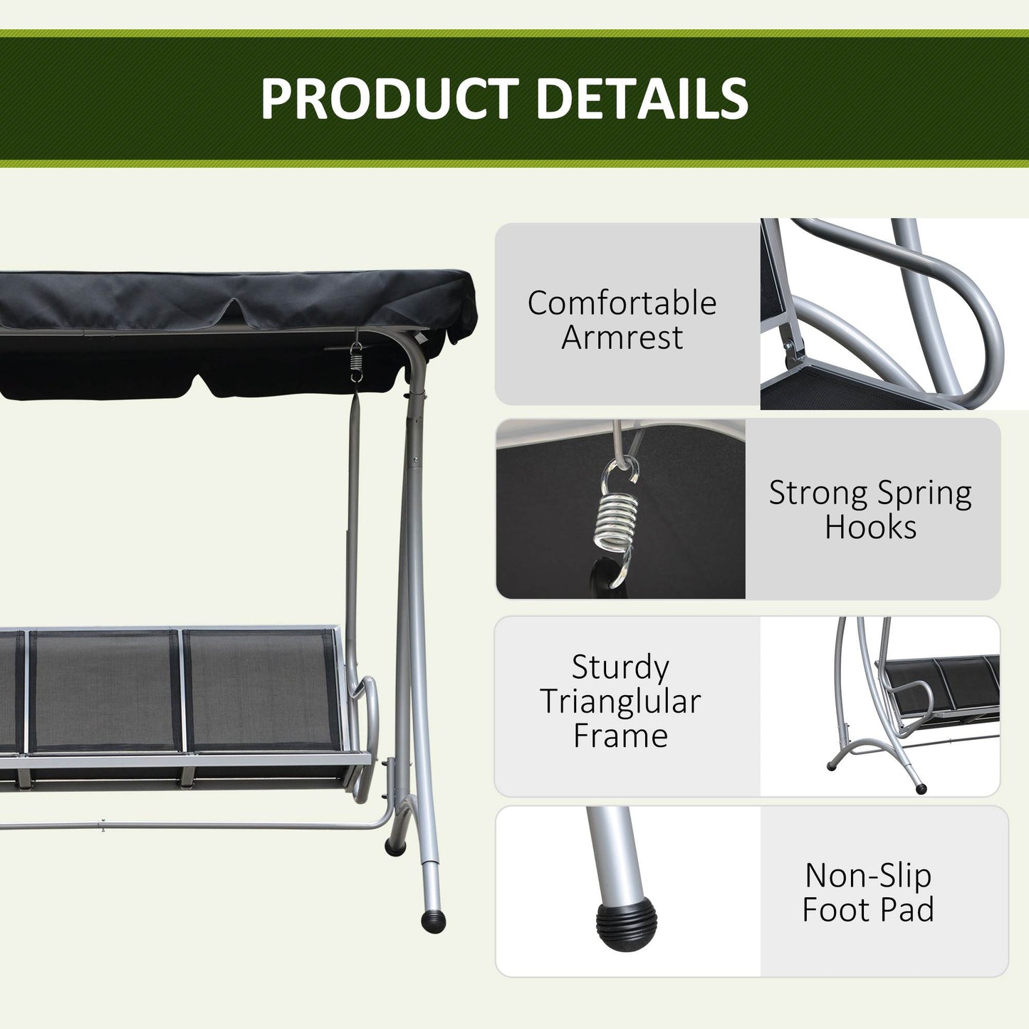 Three Person Steel Outdoor Porch Swing Chair Bench with Canopy Cover