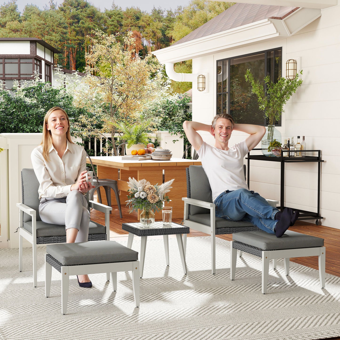 Five-Piece Rattan Patio Set, with Wood-Top Table