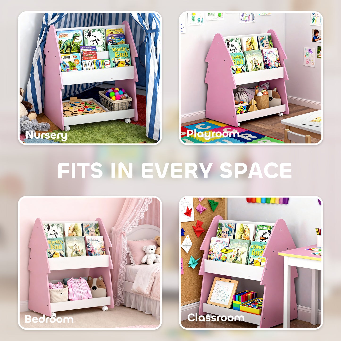 Kids Bookshelf with Toy Storage, Double-Sided Bookcase with Wheels