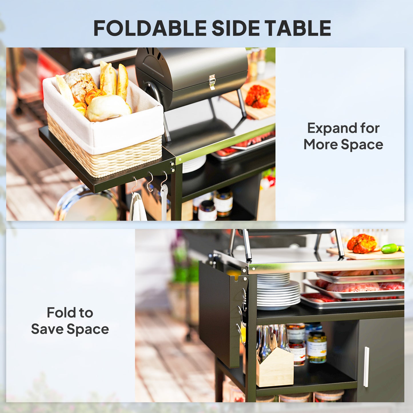 Outdoor BBQ Trolley with Foldable Side Table, Stainless Steel Top