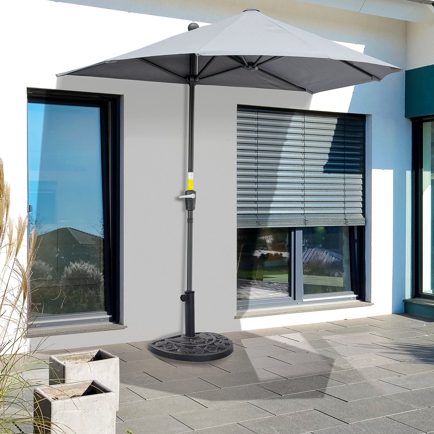 9kg Resin Parasol Base, Half Round Umbrella Stand with Floral Design