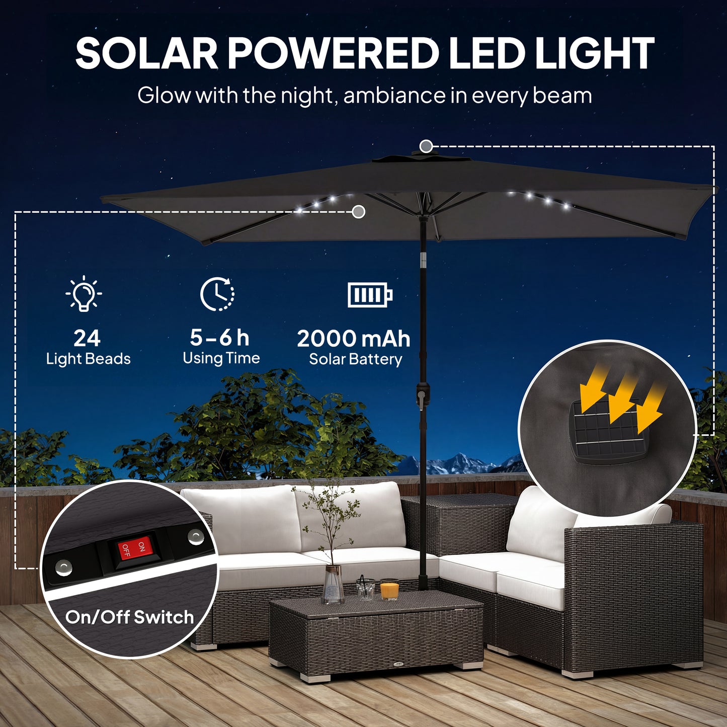 3 x 2 m Garden Parasol Umbrella with LED Solar Light, Parasol Cover