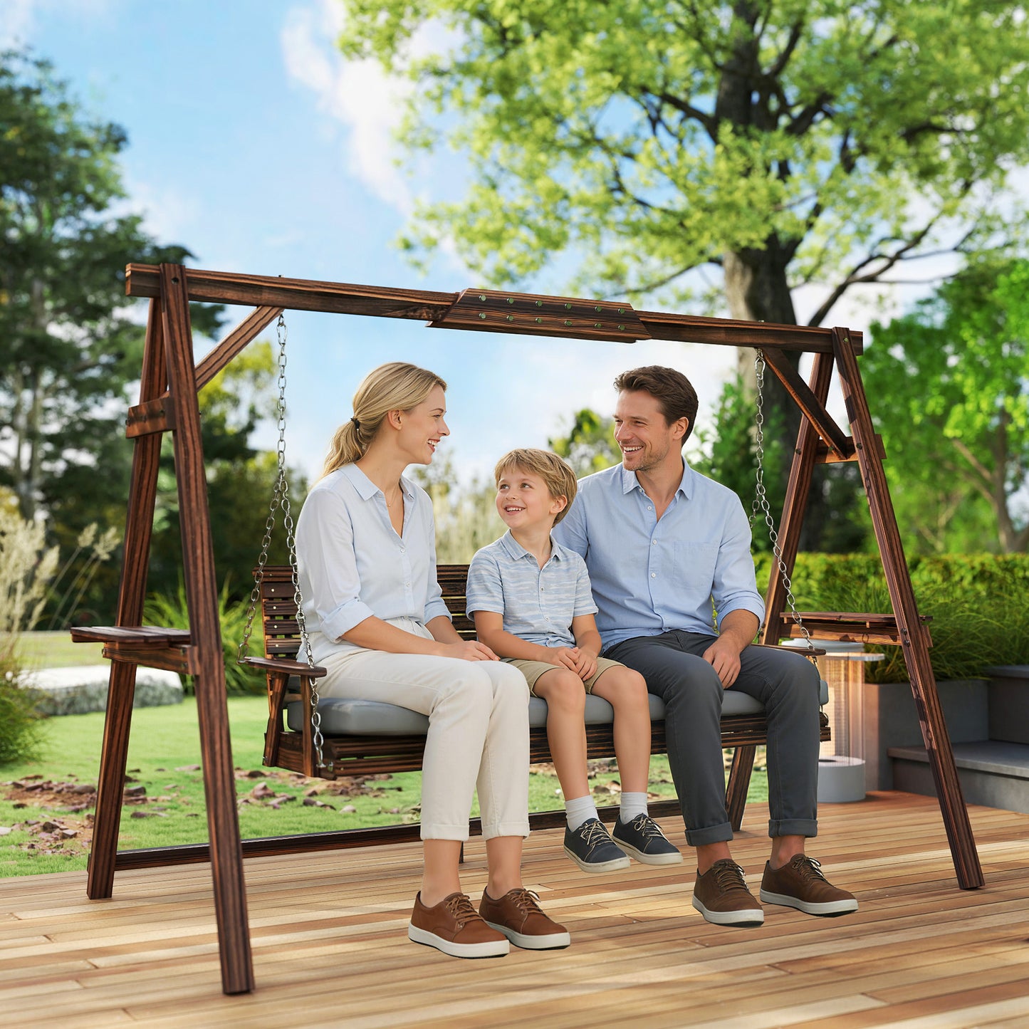 3 Seater Garden Swing Seat, Wooden Swing Chair Bench with Cushion