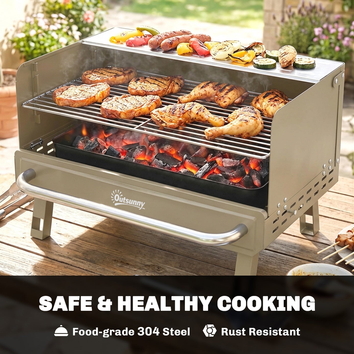 Portable BBQ Grill, Charcoal Barbecue Grill with Adjustable Grates