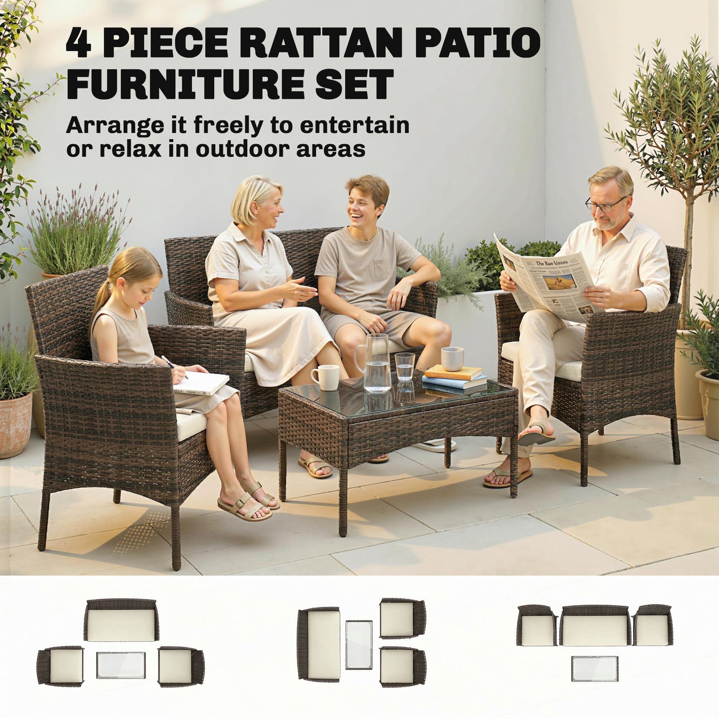 4 Piece Rattan Garden Furniture Sofa Set with Loveseat, Armchairs