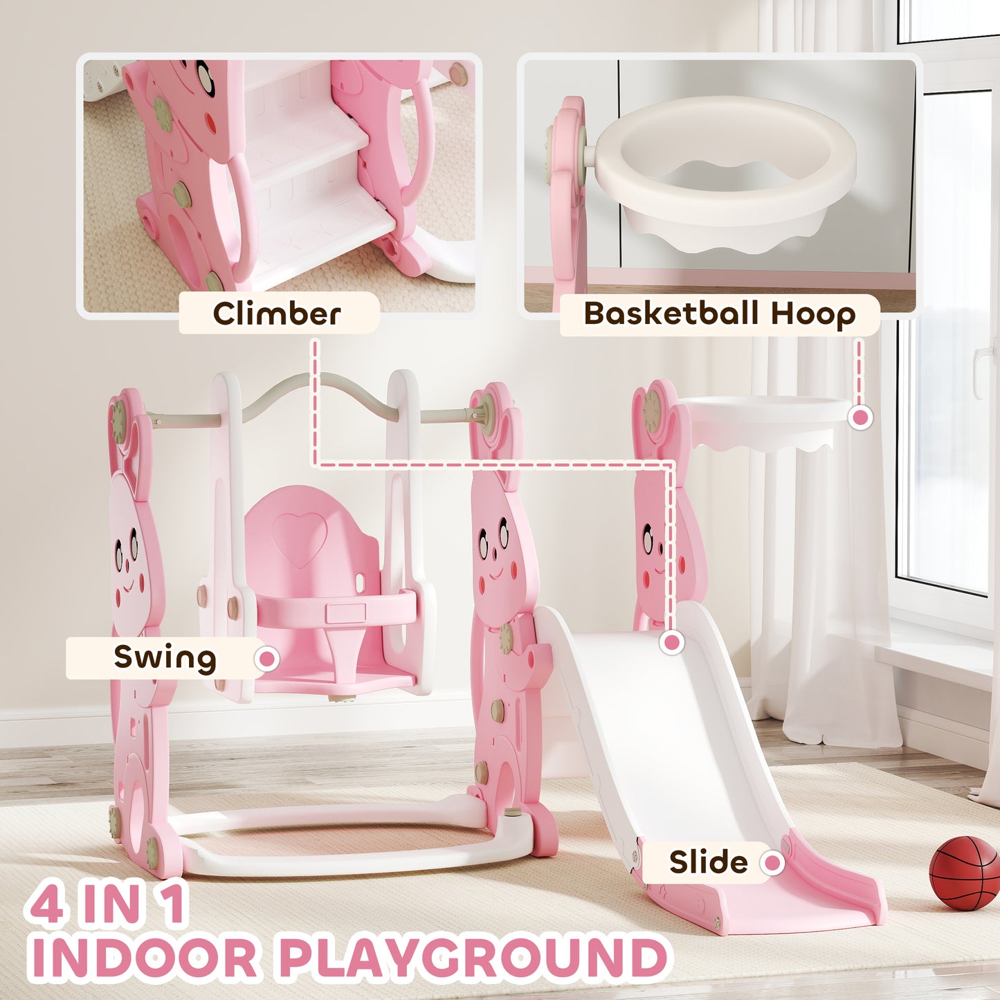 4 in 1 Kids Slide and Swing Set with Climber, Basketball Hoop