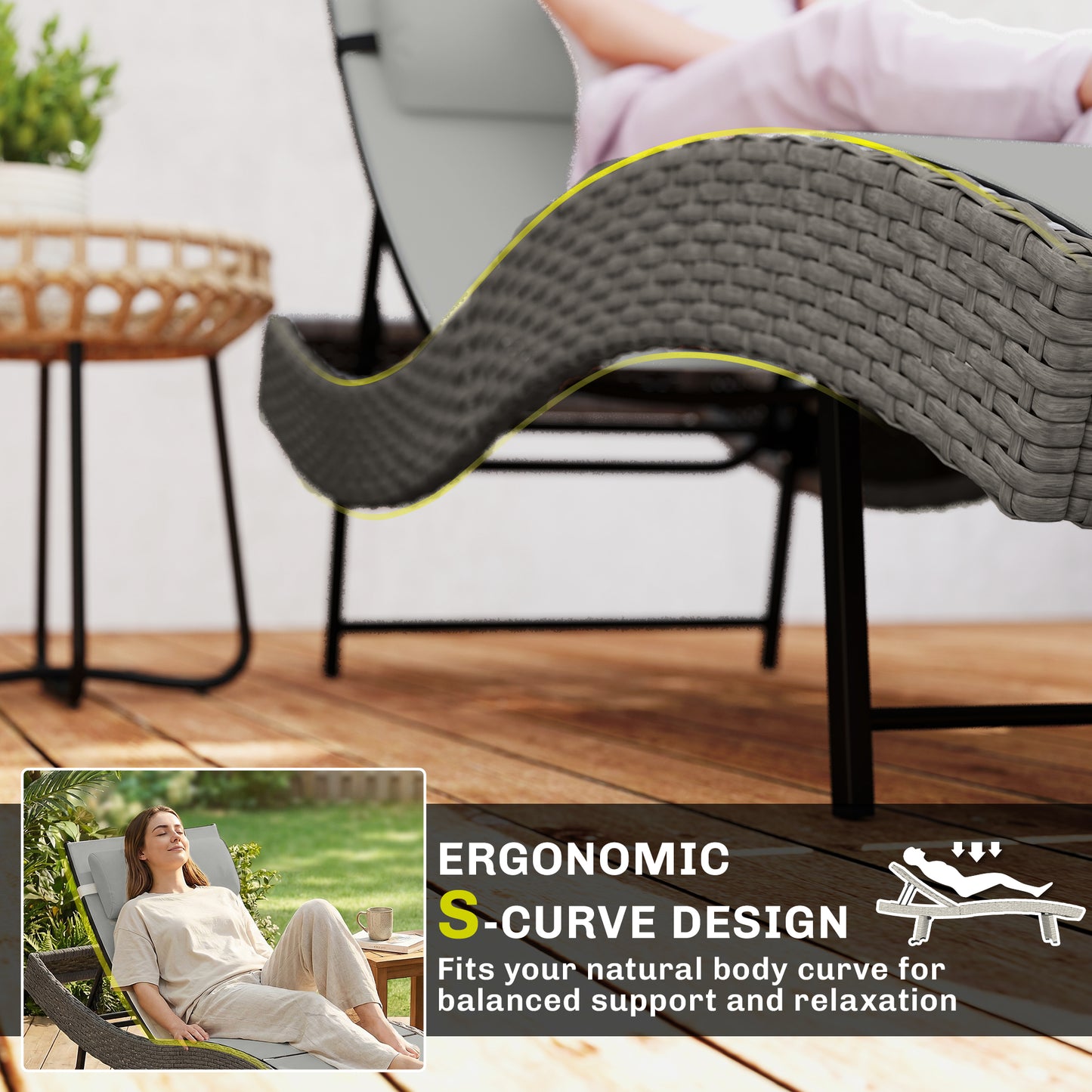 Rattan Sun Lounger, Garden Recliner with 5 Position Adjustable Back