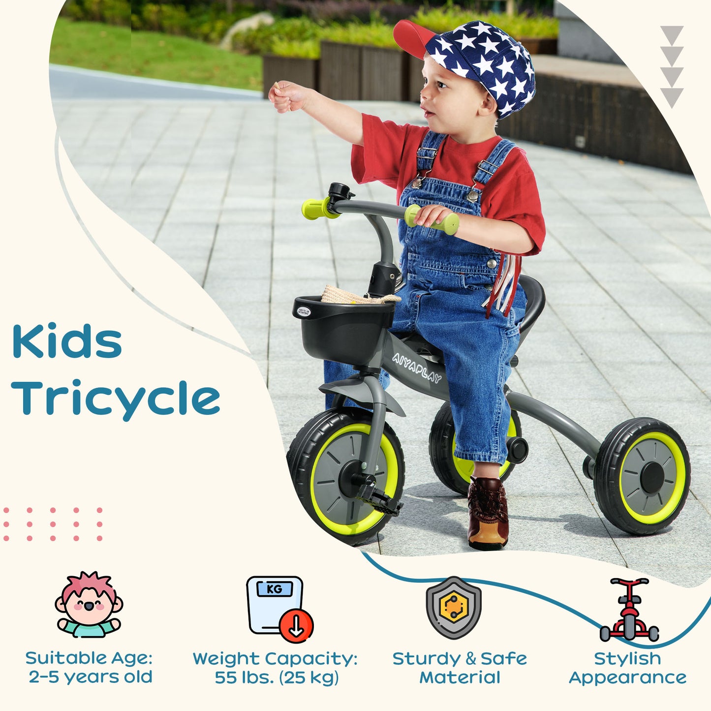 Kids Trike, Tricycle, with Adjustable Seat, Basket, Bell