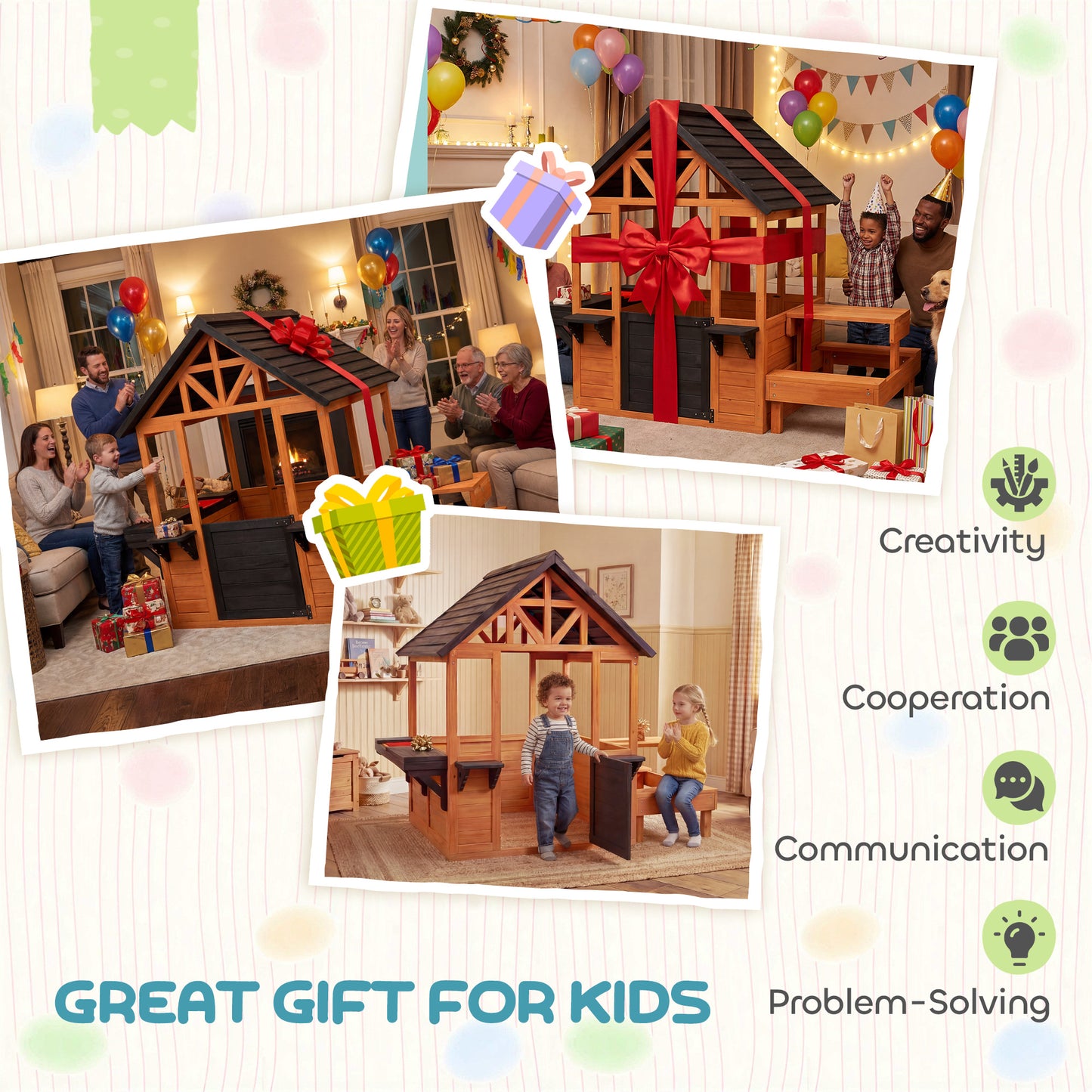 Wooden Playhouse Playhouse for Kids with Table, Benches, Sink Table
