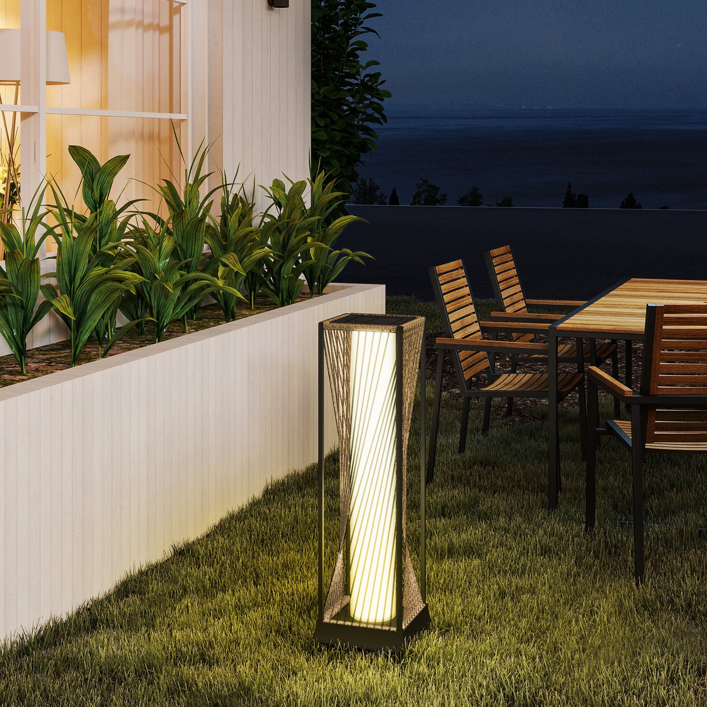 Rattan Solar Garden Lights, Auto On/Off LED Floor Lamp